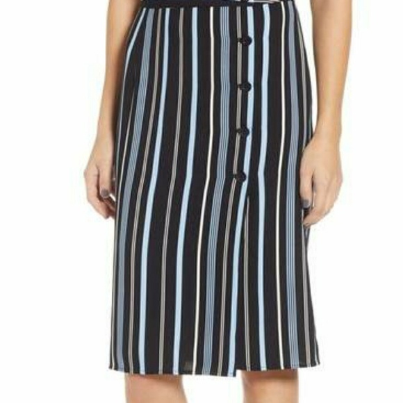 BP. Blue Black Striped Wrap Skirt Size Small Button Front Lightweight Midi - Picture 1 of 8